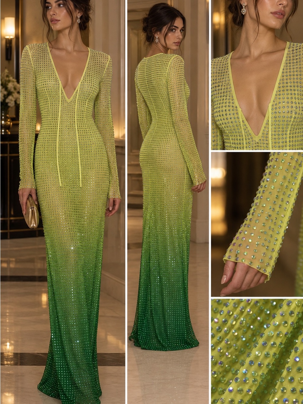 Self-Portrait Lime to Green Ombre Beaded Long Sleeve Maxi Dress